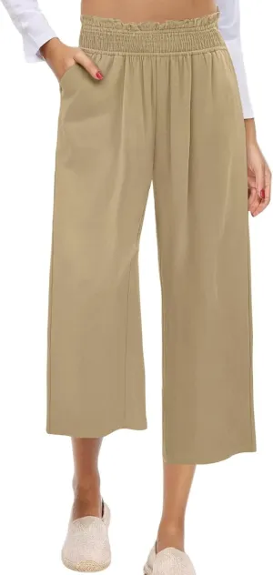 Capri Pants for Women Summer Linen Elastic Waisted Cropped Pants Straight Flowy Wide Leg Trousers with Pockets