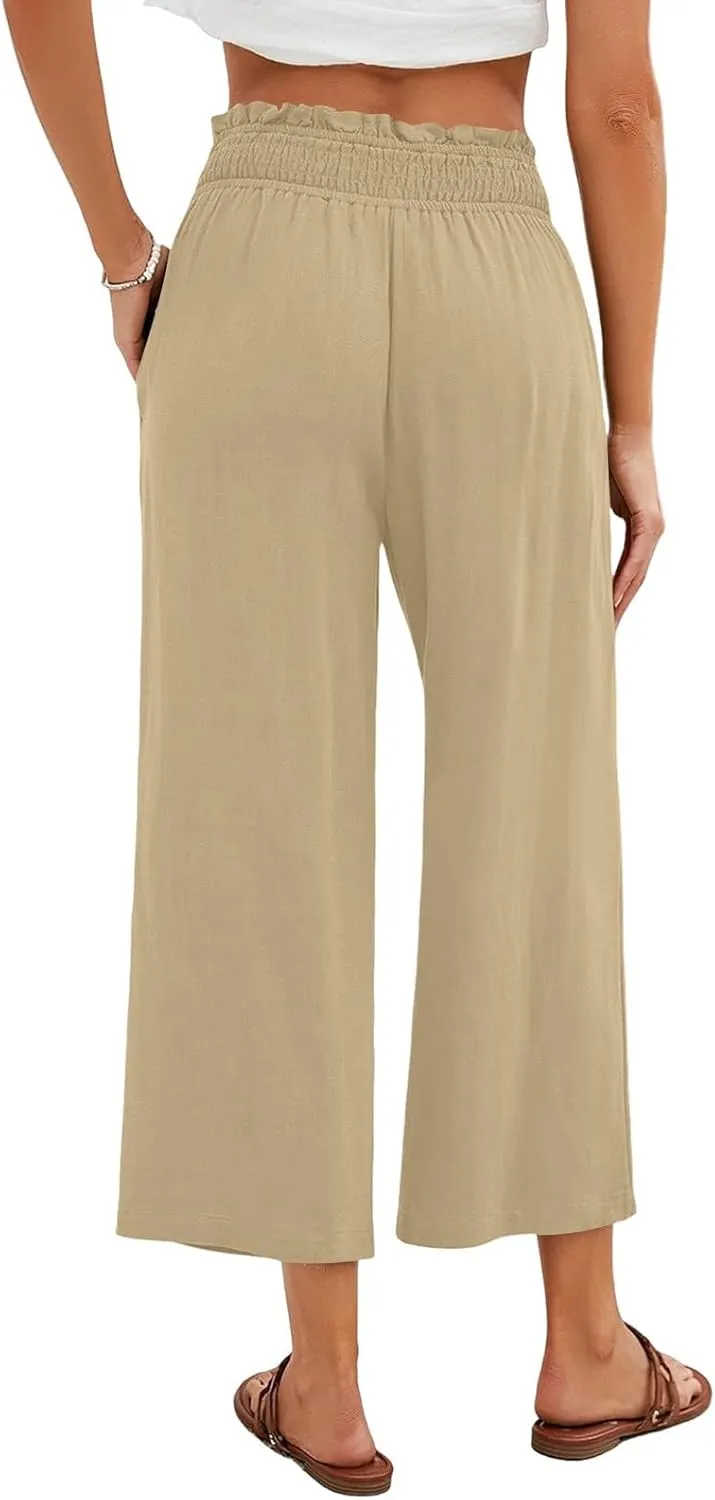 Capri Pants for Women Summer Linen Elastic Waisted Cropped Pants Straight Flowy Wide Leg Trousers with Pockets