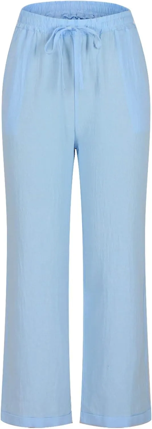 Capris Pants for Women Cotton Linen Casual Summer Straight Wide Leg Beach Drawstring Elastic Waist Cropped Trousers