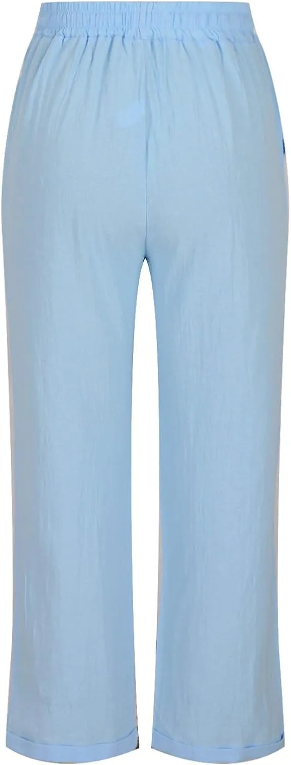 Capris Pants for Women Cotton Linen Casual Summer Straight Wide Leg Beach Drawstring Elastic Waist Cropped Trousers