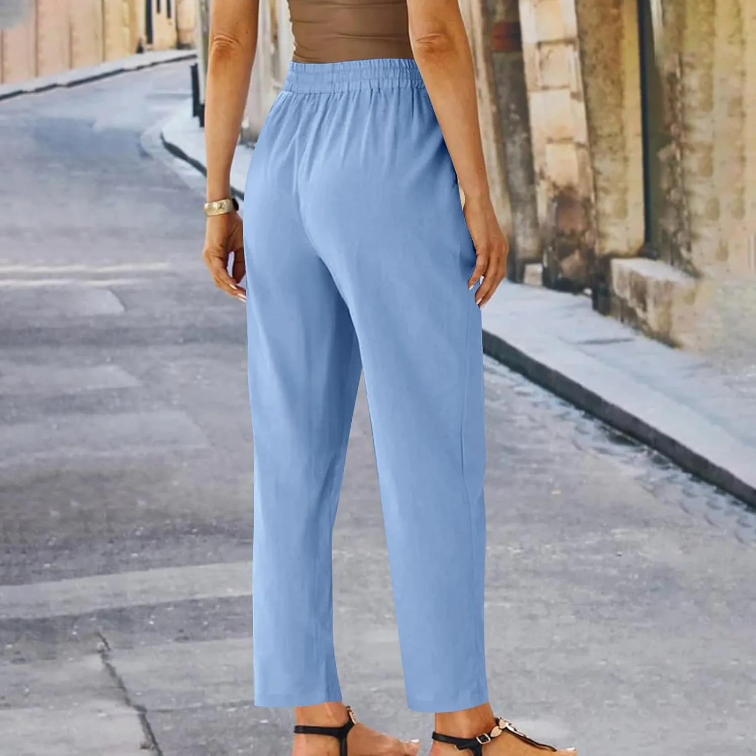 Capris Pants for Women Cotton Linen Casual Summer Straight Wide Leg Beach Drawstring Elastic Waist Cropped Trousers