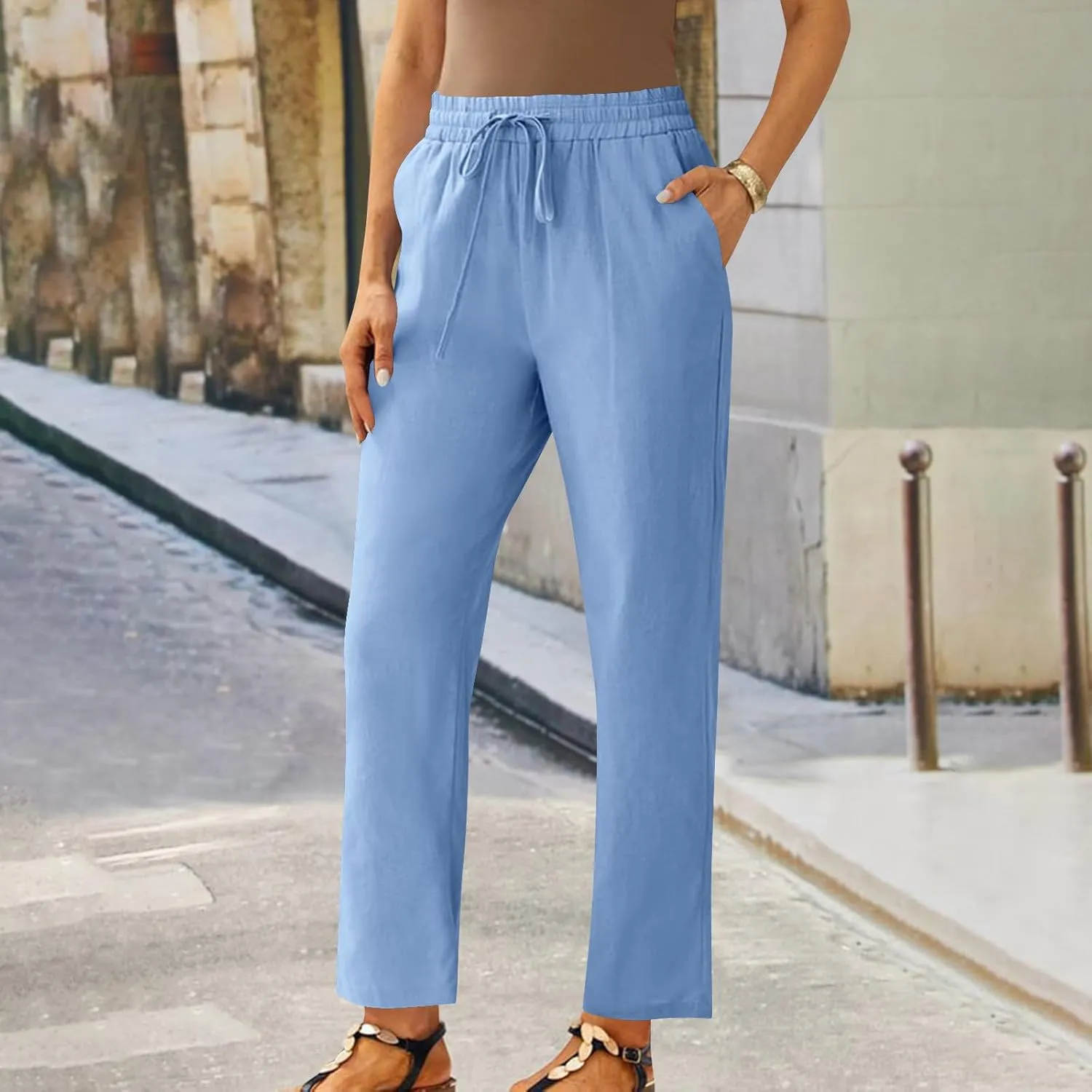 Capris Pants for Women Cotton Linen Casual Summer Straight Wide Leg Beach Drawstring Elastic Waist Cropped Trousers