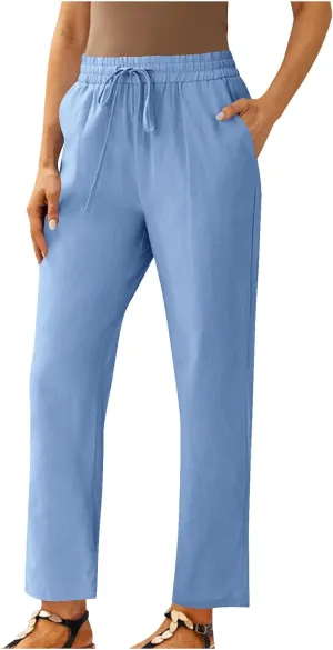 Capris Pants for Women Cotton Linen Casual Summer Straight Wide Leg Beach Drawstring Elastic Waist Cropped Trousers
