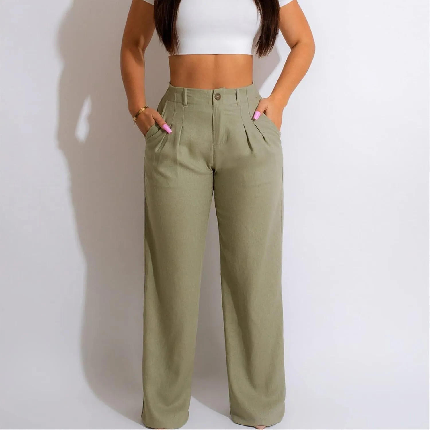 Cargo Pants for Women Casual Solid Pant Straight High Waist Buttons Pleated Trousers Wide Leg Sweatpants with Pocket