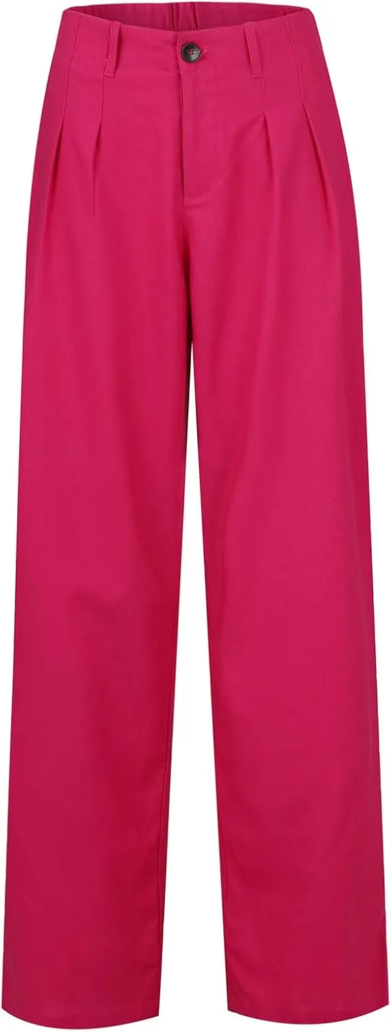 Cargo Pants for Women Casual Solid Pant Straight High Waist Buttons Pleated Trousers Wide Leg Sweatpants with Pocket