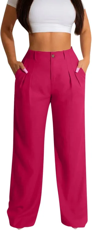 Cargo Pants for Women Casual Solid Pant Straight High Waist Buttons Pleated Trousers Wide Leg Sweatpants with Pocket