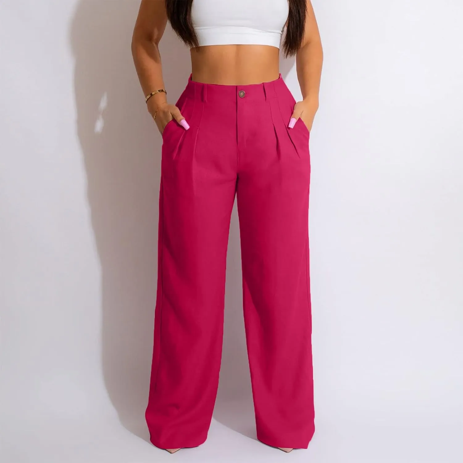 Cargo Pants for Women Casual Solid Pant Straight High Waist Buttons Pleated Trousers Wide Leg Sweatpants with Pocket