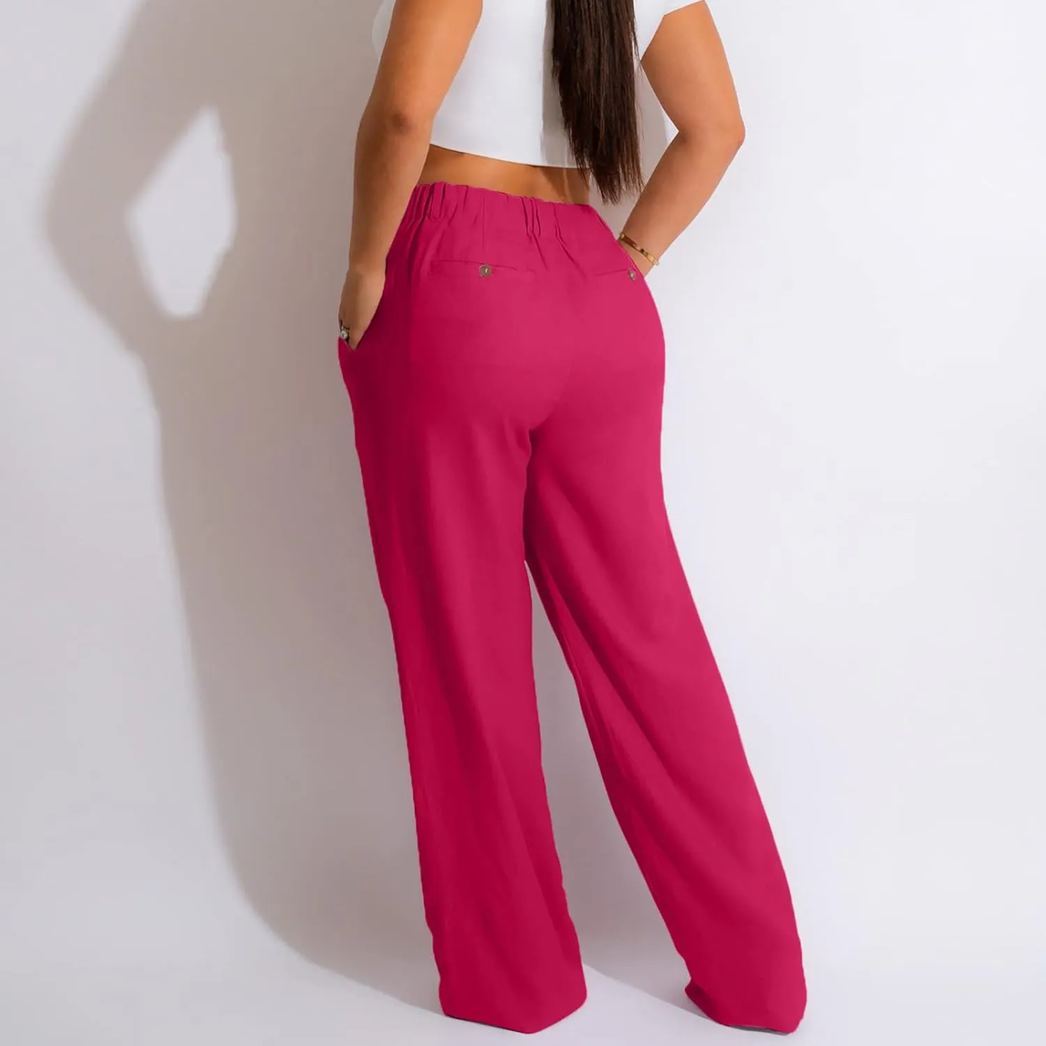 Cargo Pants for Women Casual Solid Pant Straight High Waist Buttons Pleated Trousers Wide Leg Sweatpants with Pocket