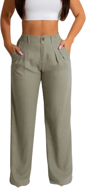 Cargo Pants for Women Casual Solid Pant Straight High Waist Buttons Pleated Trousers Wide Leg Sweatpants with Pocket