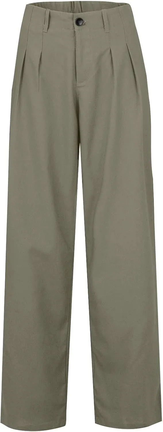 Cargo Pants for Women Casual Solid Pant Straight High Waist Buttons Pleated Trousers Wide Leg Sweatpants with Pocket
