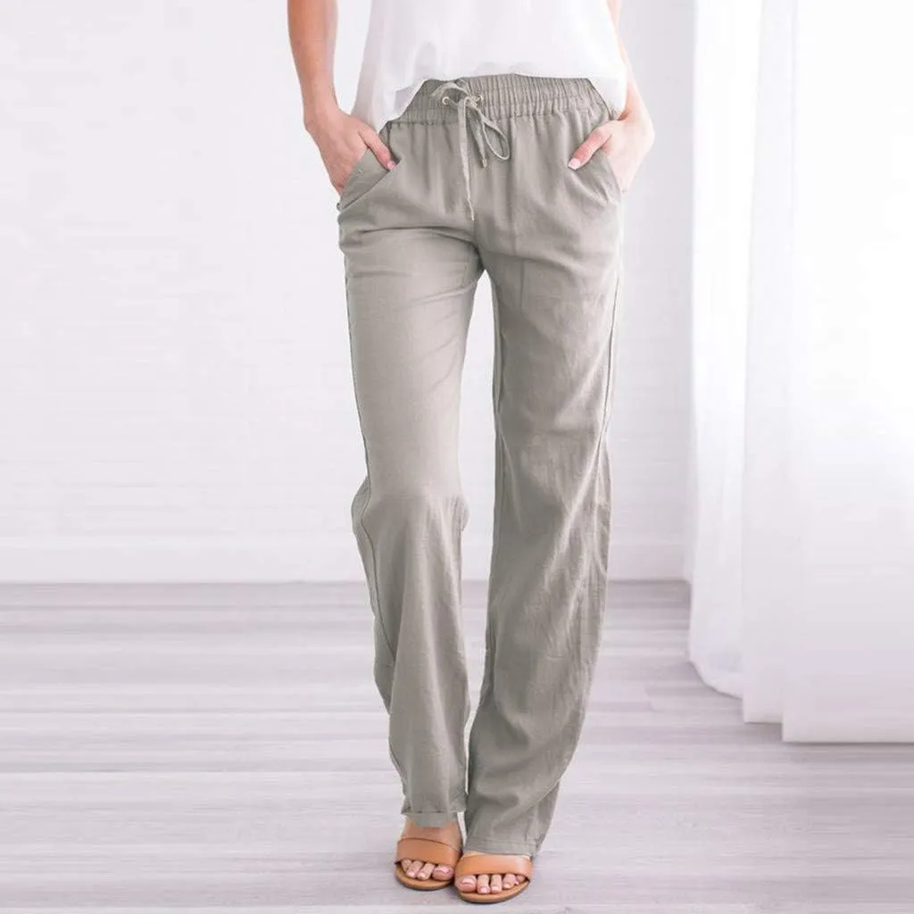 Casual Linen Pants for Women Summer Palazzo Dress Pants Wide Leg Loose Comfy Slacks with Pocket Flowy Long Trousers