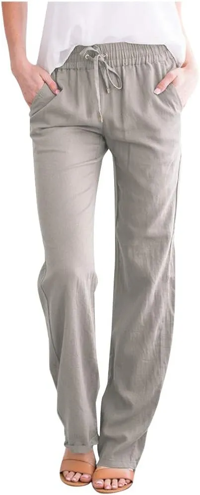Casual Linen Pants for Women Summer Palazzo Dress Pants Wide Leg Loose Comfy Slacks with Pocket Flowy Long Trousers