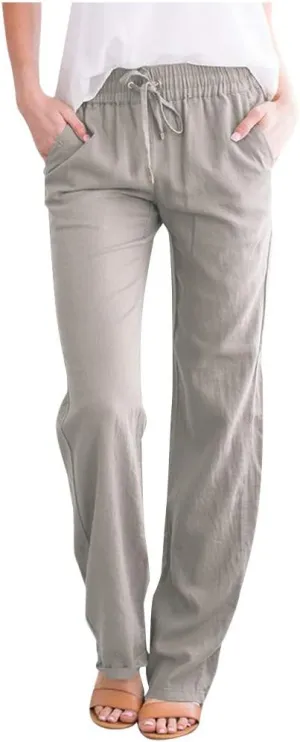 Casual Linen Pants for Women Summer Palazzo Dress Pants Wide Leg Loose Comfy Slacks with Pocket Flowy Long Trousers