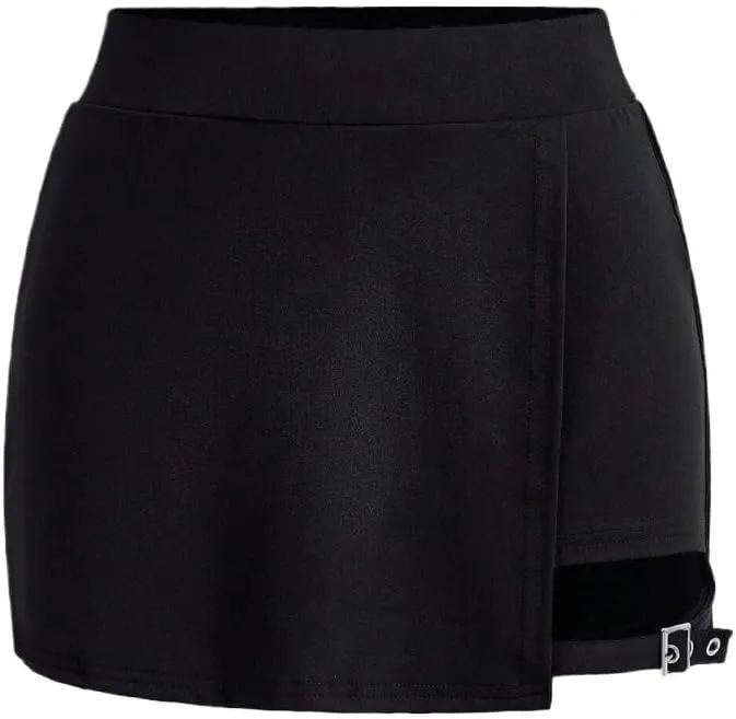 Casual Plain Elastic Waist Asymmetrical Buckle Mid Waist Mini Skorts
