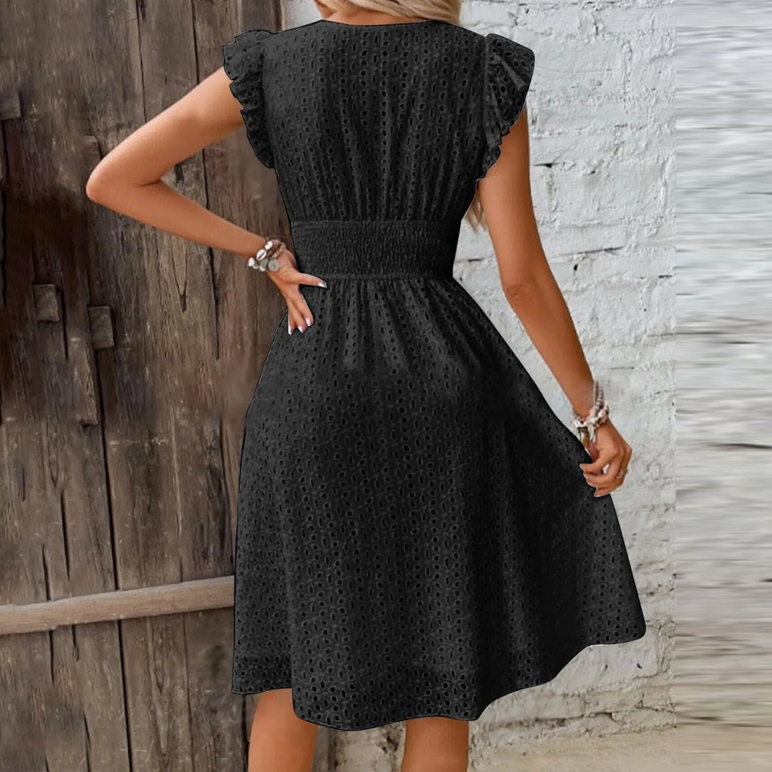 Casual Summer Dresses for Women Eyelet Ruffle Cap Sleeve Mini Dress Vneck Smocked Waist A Line Beach Vacation Dresses
