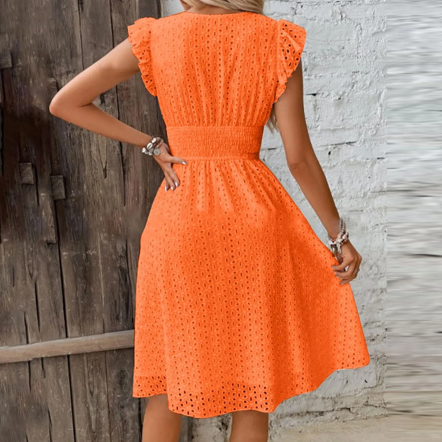 Casual Summer Dresses for Women Eyelet Ruffle Cap Sleeve Mini Dress Vneck Smocked Waist A Line Beach Vacation Dresses