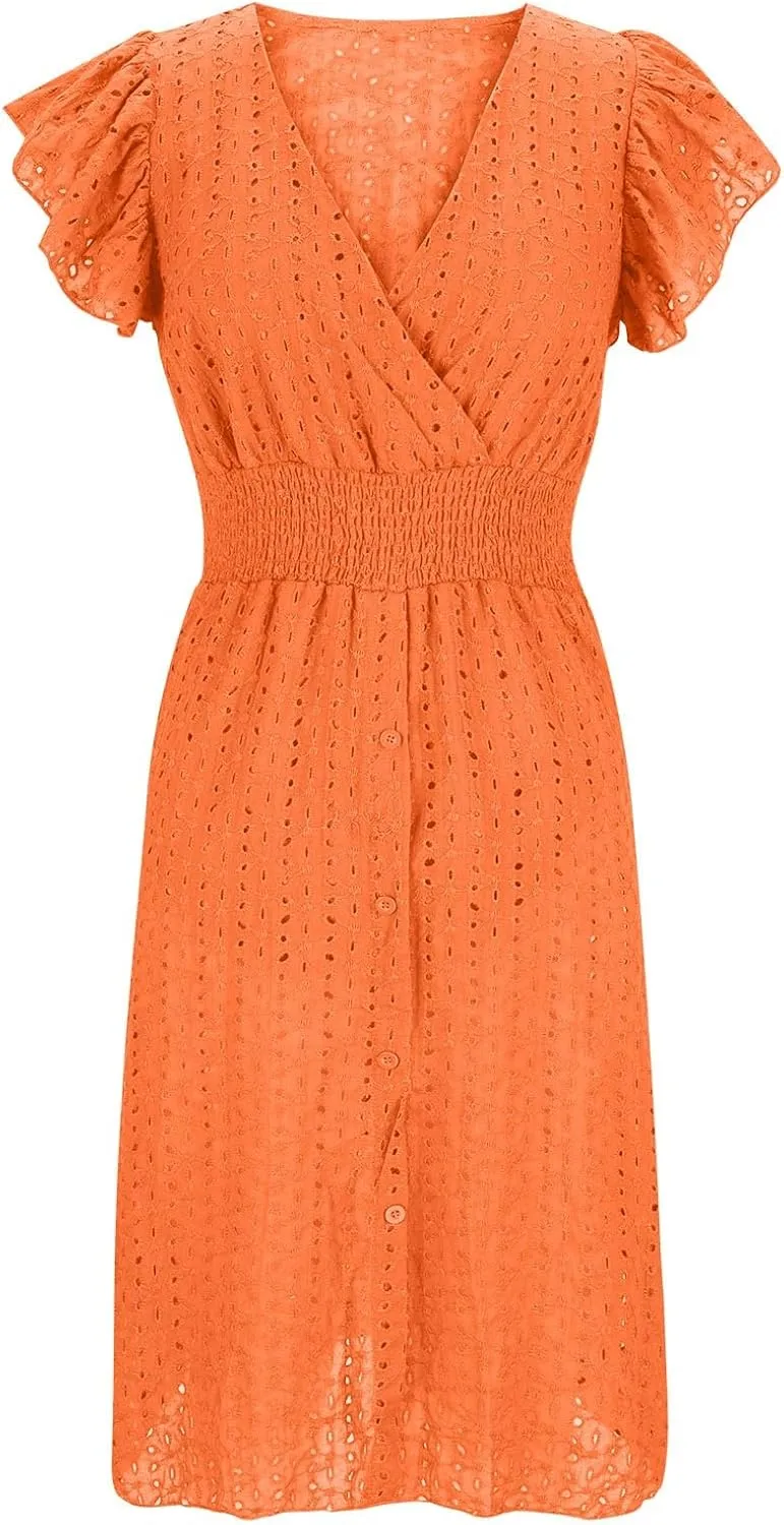 Casual Summer Dresses for Women Eyelet Ruffle Cap Sleeve Mini Dress Vneck Smocked Waist A Line Beach Vacation Dresses