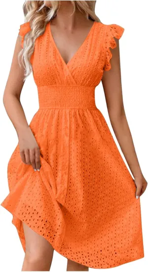 Casual Summer Dresses for Women Eyelet Ruffle Cap Sleeve Mini Dress Vneck Smocked Waist A Line Beach Vacation Dresses