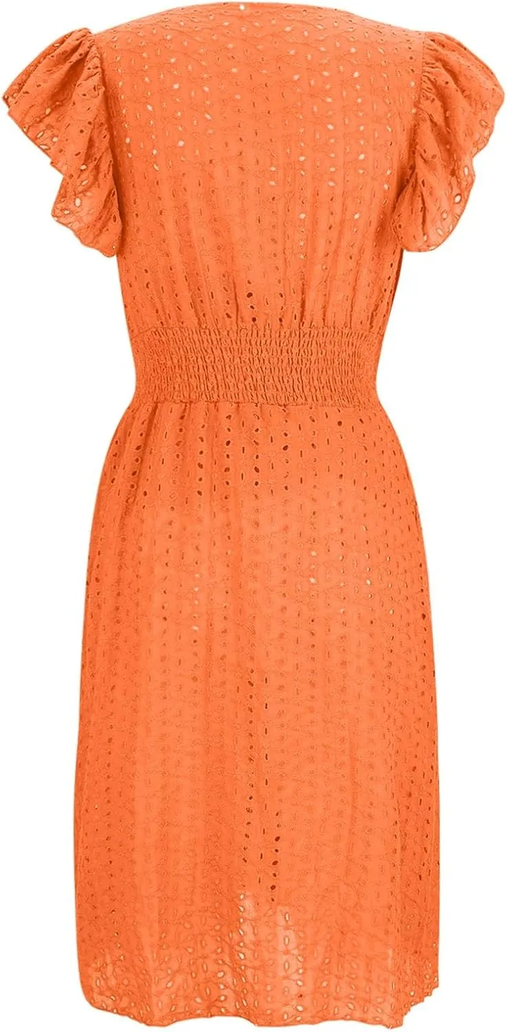 Casual Summer Dresses for Women Eyelet Ruffle Cap Sleeve Mini Dress Vneck Smocked Waist A Line Beach Vacation Dresses