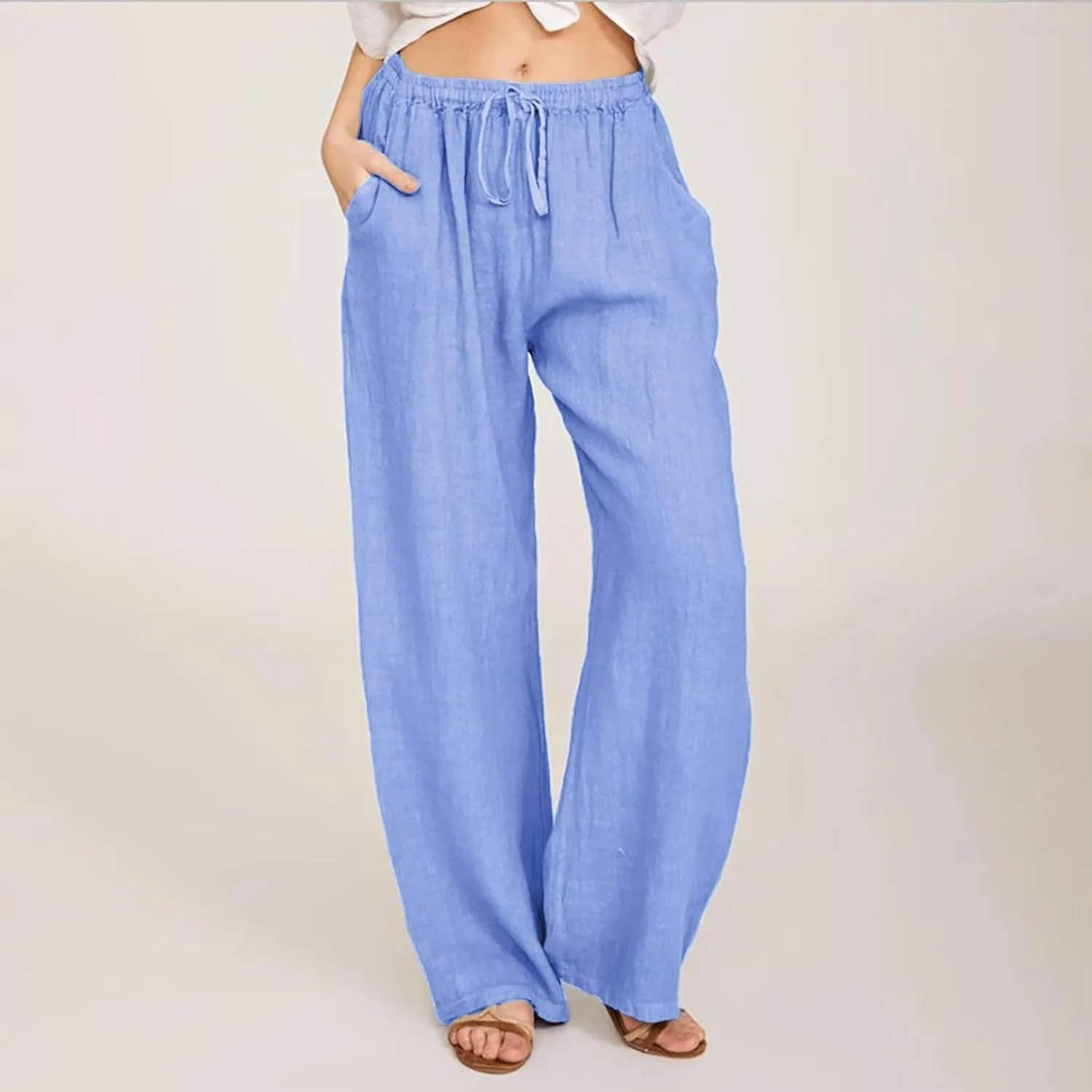 Casual Woman Linen Pants Loose High Waist Pants Baggy Flowy Slacks 2025 Summer Drawstring Cotton Long Trousers