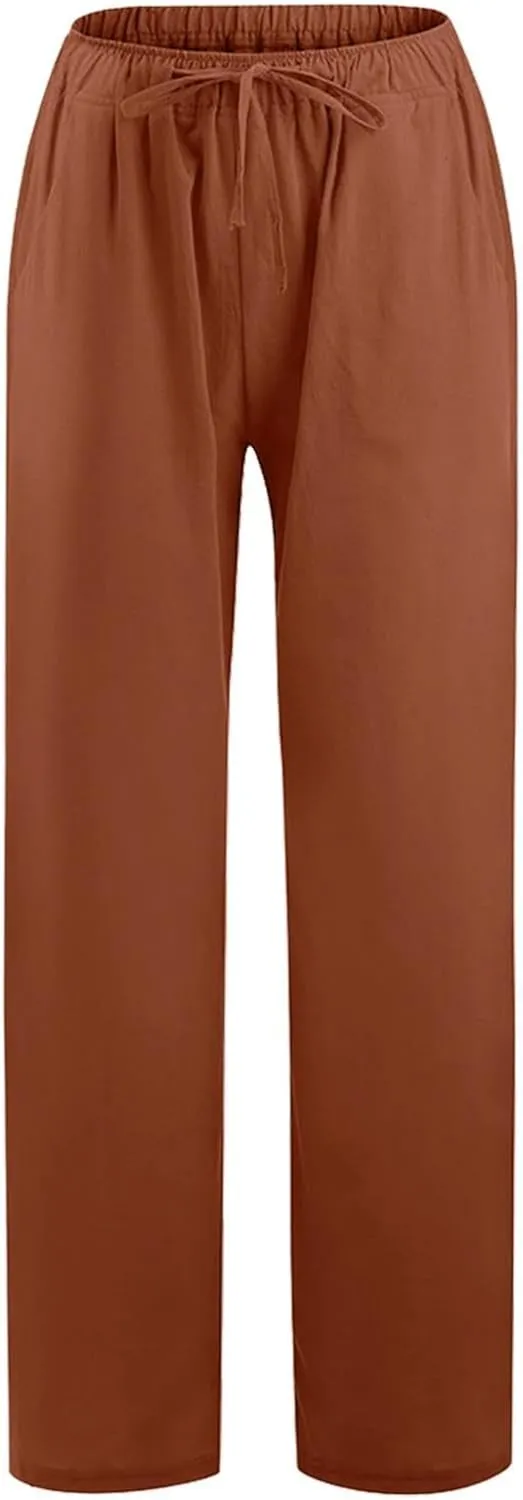Casual Woman Linen Pants Loose High Waist Pants Baggy Flowy Slacks 2025 Summer Drawstring Cotton Long Trousers