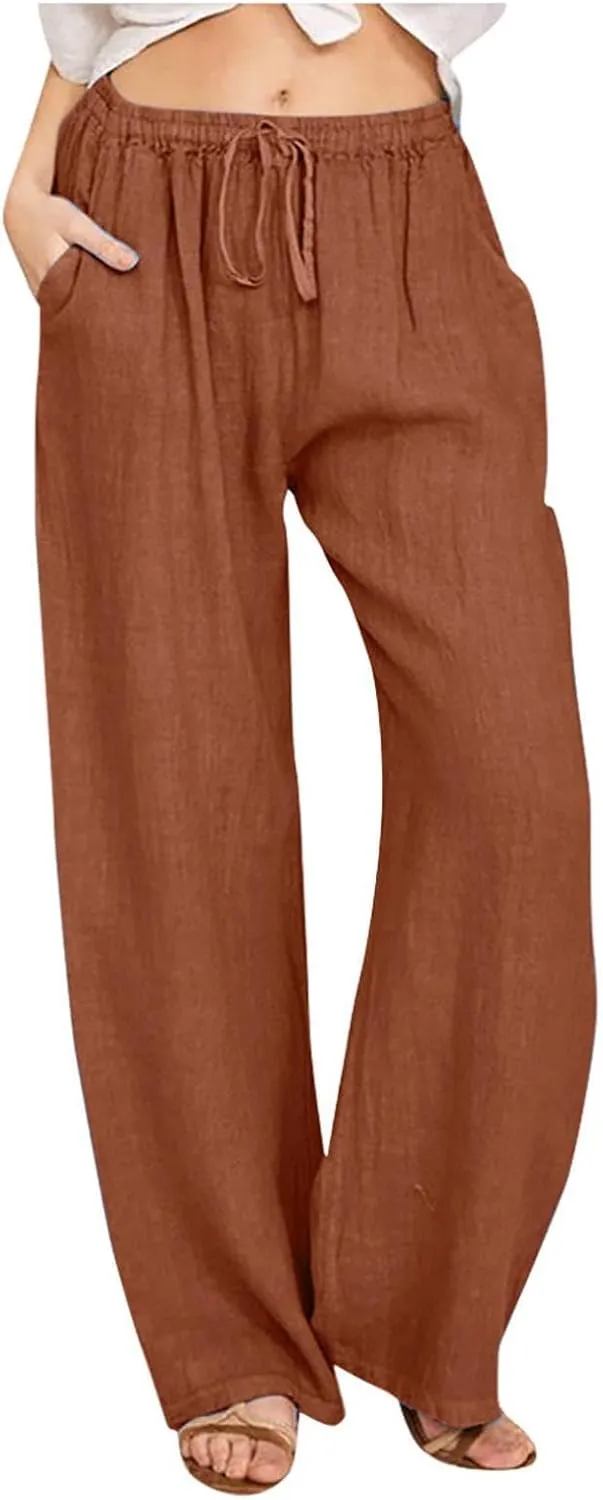 Casual Woman Linen Pants Loose High Waist Pants Baggy Flowy Slacks 2025 Summer Drawstring Cotton Long Trousers