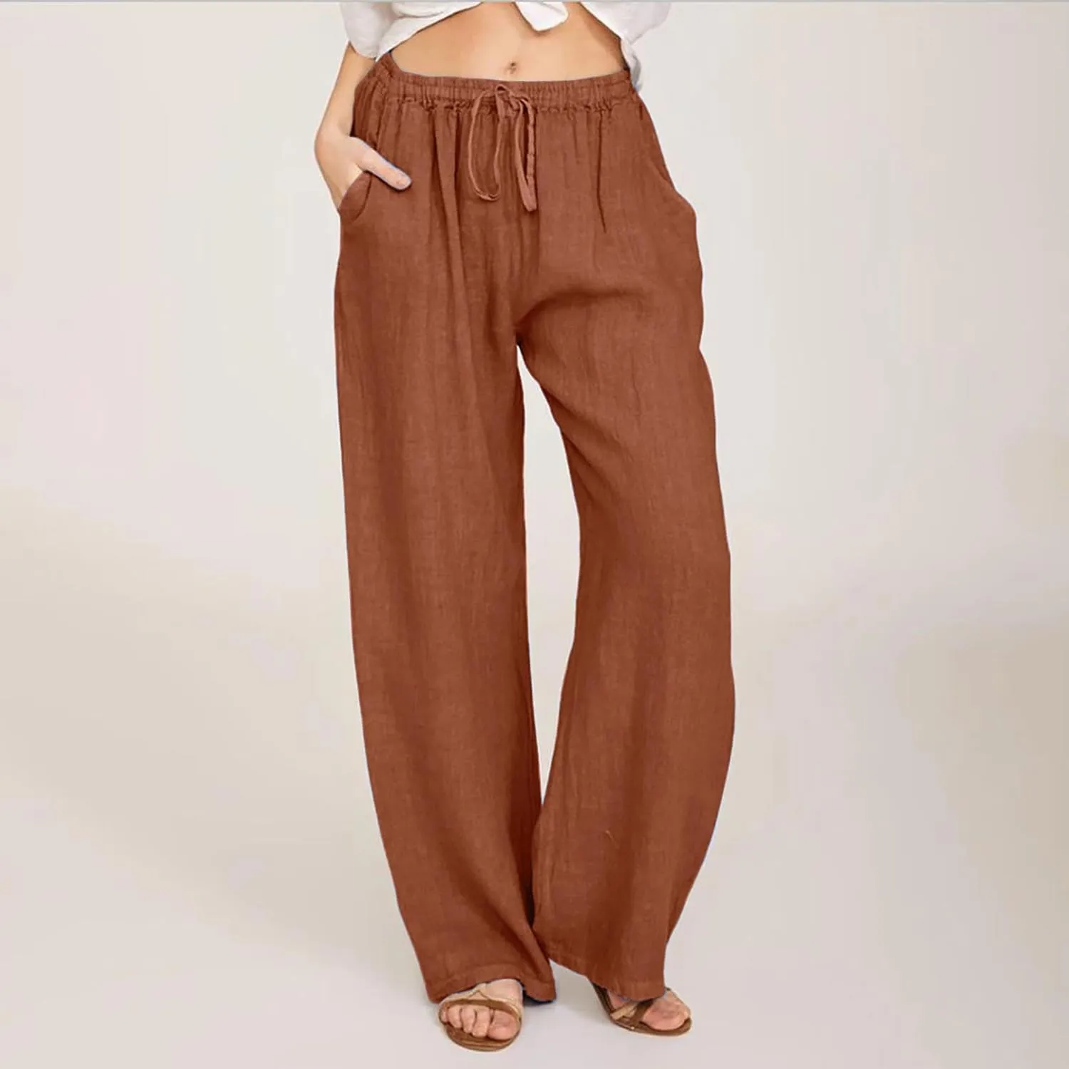Casual Woman Linen Pants Loose High Waist Pants Baggy Flowy Slacks 2025 Summer Drawstring Cotton Long Trousers