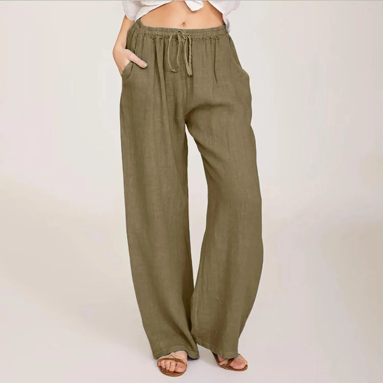Casual Woman Linen Pants Loose High Waist Pants Baggy Flowy Slacks 2025 Summer Drawstring Cotton Long Trousers