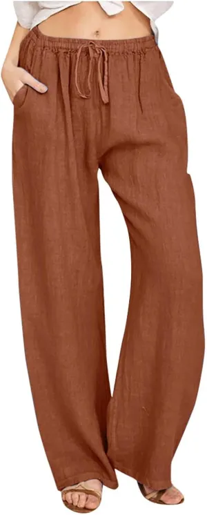 Casual Woman Linen Pants Loose High Waist Pants Baggy Flowy Slacks 2025 Summer Drawstring Cotton Long Trousers