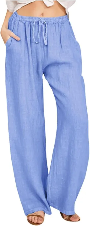 Casual Woman Linen Pants Loose High Waist Pants Baggy Flowy Slacks 2025 Summer Drawstring Cotton Long Trousers