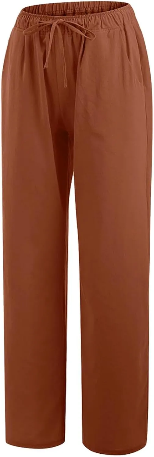 Casual Woman Linen Pants Loose High Waist Pants Baggy Flowy Slacks 2025 Summer Drawstring Cotton Long Trousers