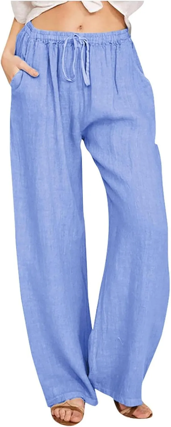 Casual Woman Linen Pants Loose High Waist Pants Baggy Flowy Slacks 2025 Summer Drawstring Cotton Long Trousers