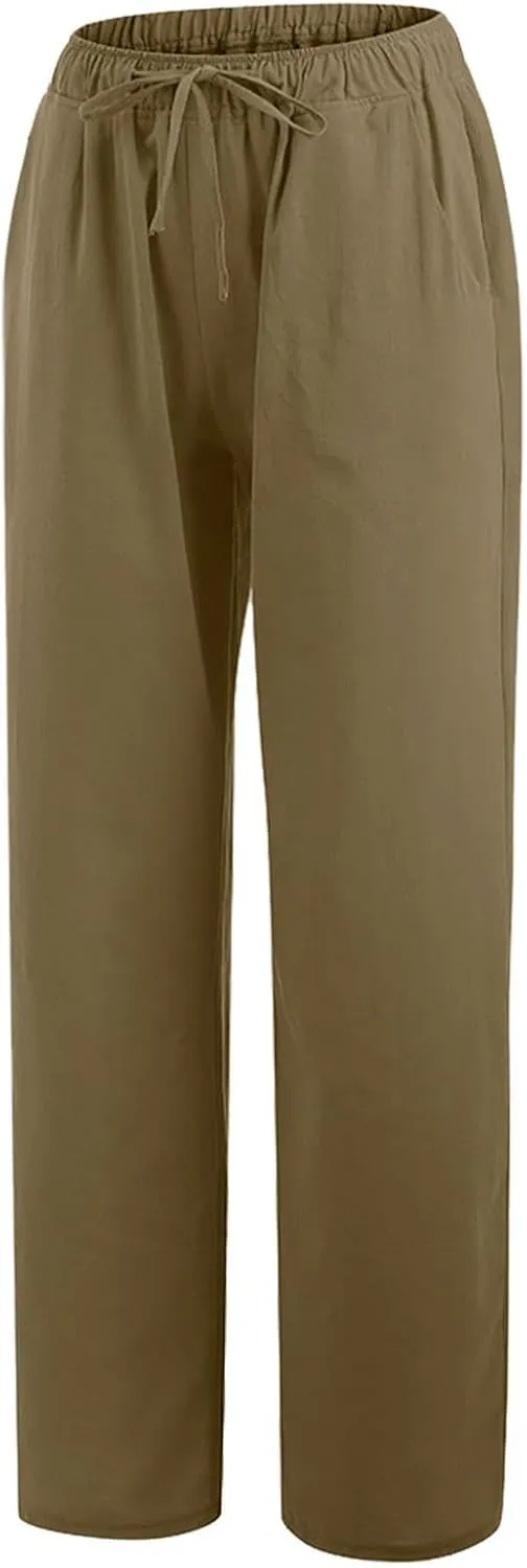 Casual Woman Linen Pants Loose High Waist Pants Baggy Flowy Slacks 2025 Summer Drawstring Cotton Long Trousers