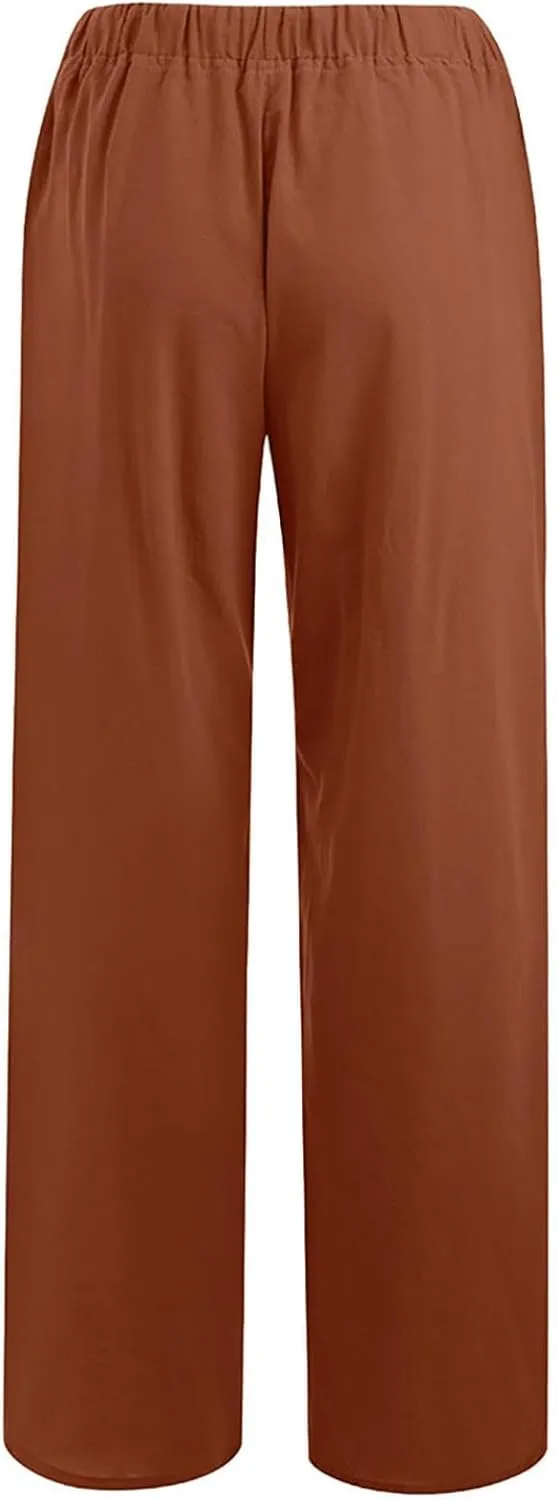 Casual Woman Linen Pants Loose High Waist Pants Baggy Flowy Slacks 2025 Summer Drawstring Cotton Long Trousers