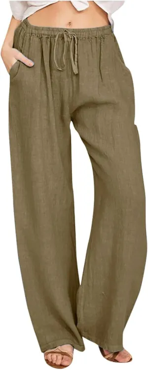 Casual Woman Linen Pants Loose High Waist Pants Baggy Flowy Slacks 2025 Summer Drawstring Cotton Long Trousers
