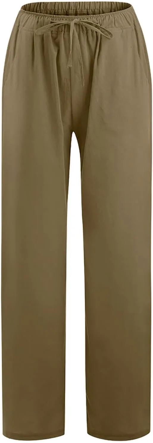 Casual Woman Linen Pants Loose High Waist Pants Baggy Flowy Slacks 2025 Summer Drawstring Cotton Long Trousers