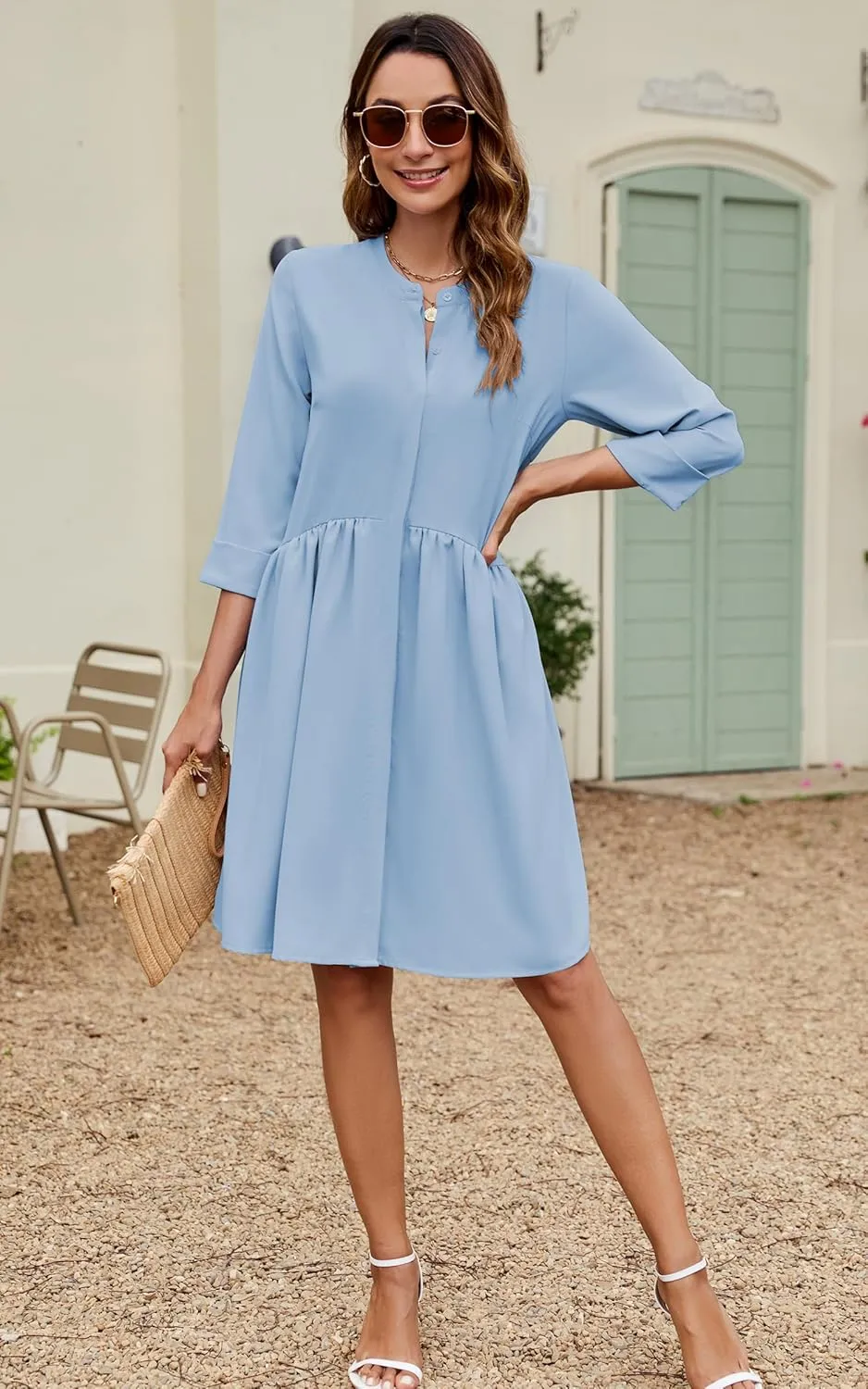 CCTOO Women's Summer Dresses Casual V Neck Button Down 3/4 Sleeve Floral Print Loose Flowy Shirt Dress