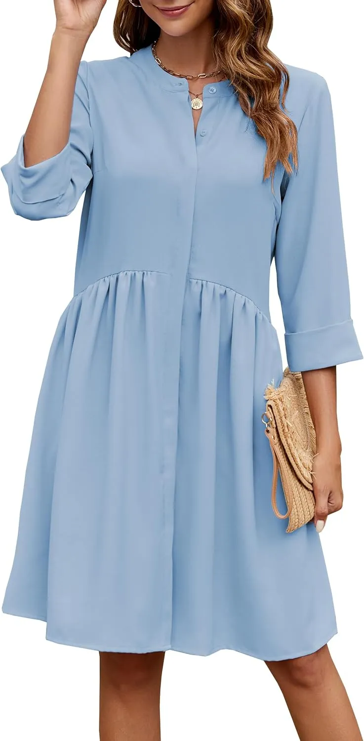 CCTOO Women's Summer Dresses Casual V Neck Button Down 3/4 Sleeve Floral Print Loose Flowy Shirt Dress