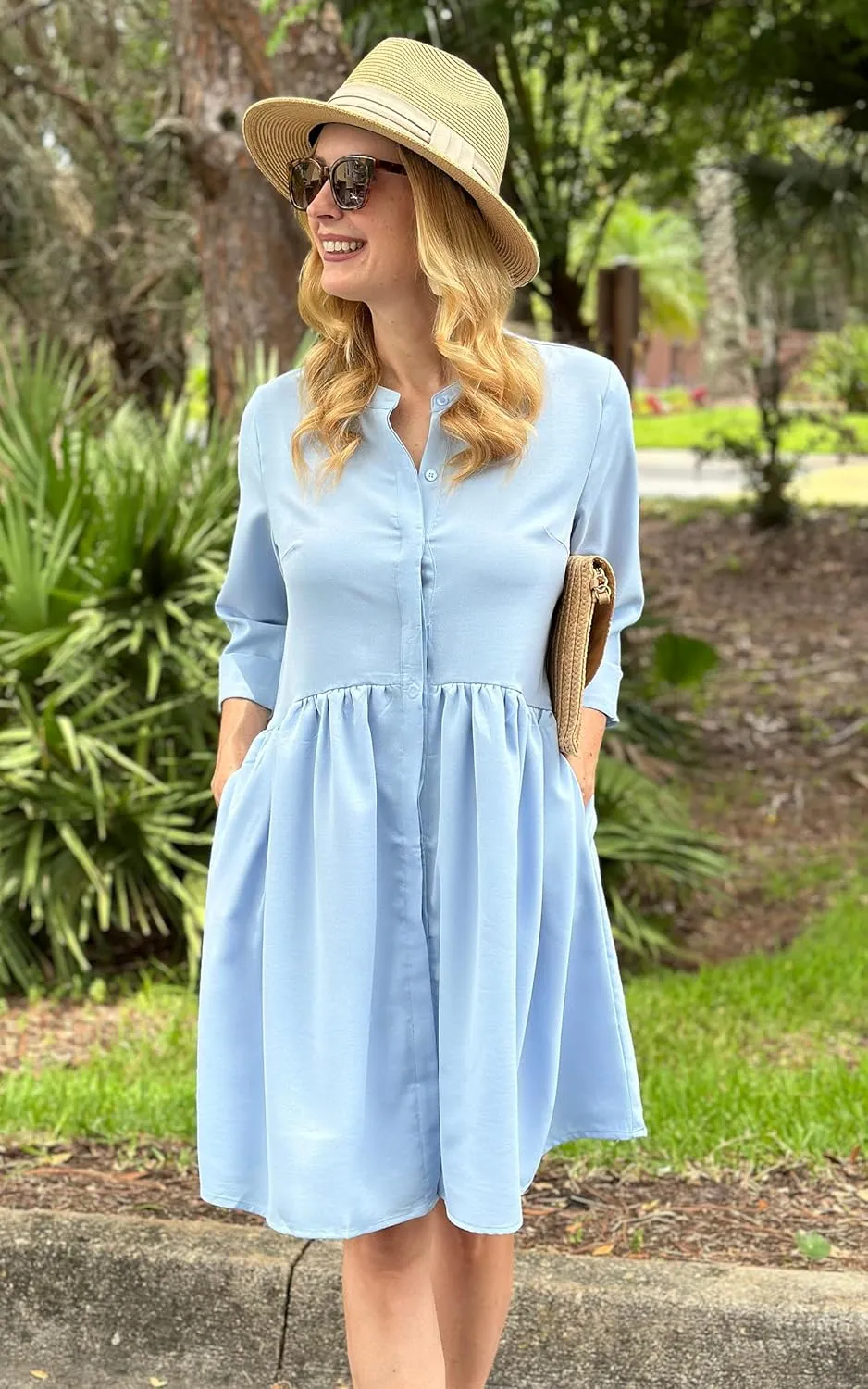 CCTOO Women's Summer Dresses Casual V Neck Button Down 3/4 Sleeve Floral Print Loose Flowy Shirt Dress