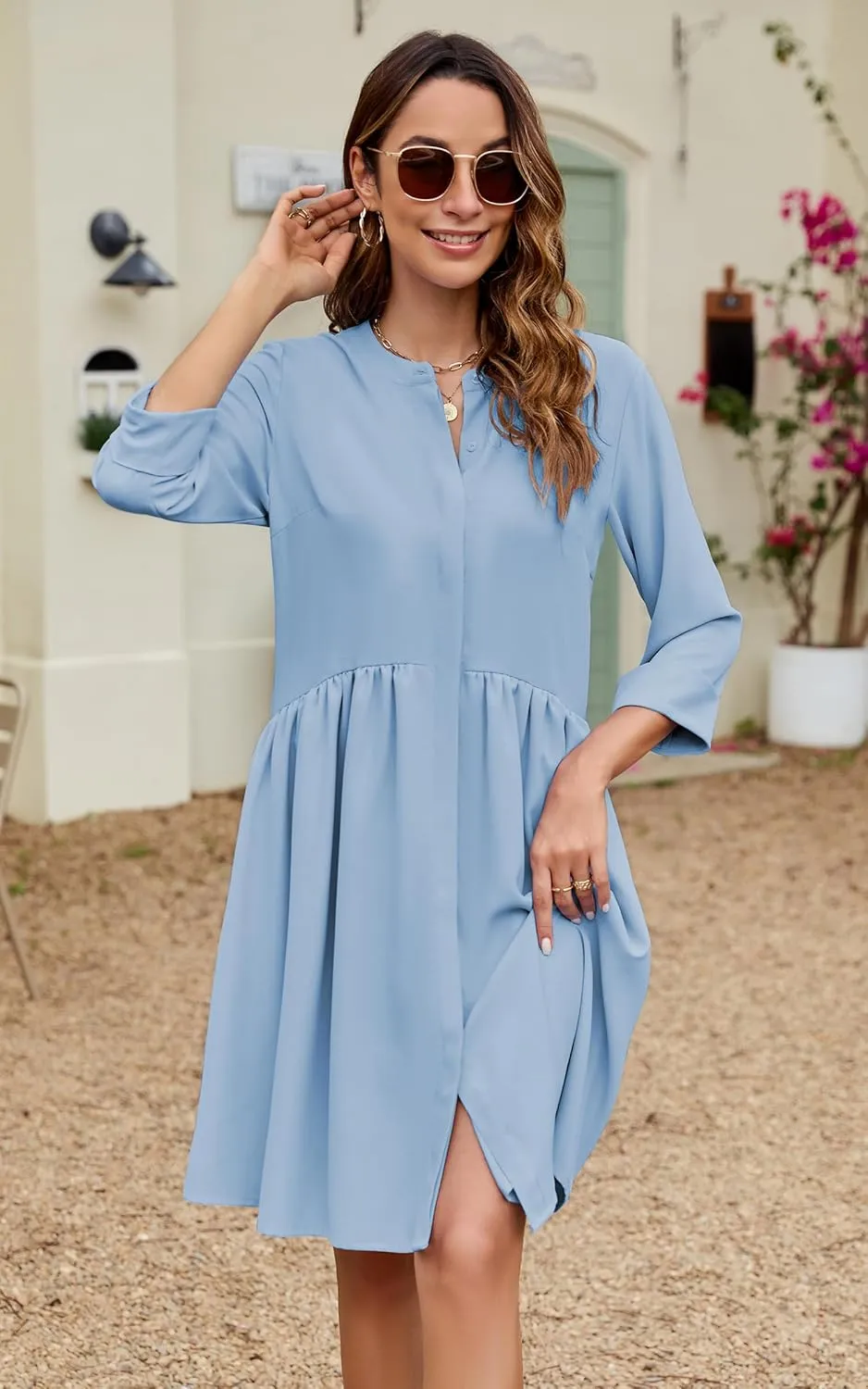 CCTOO Women's Summer Dresses Casual V Neck Button Down 3/4 Sleeve Floral Print Loose Flowy Shirt Dress