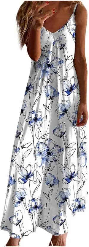 Ceboyel Summer Sundresses for Women 2024 Trendy Casual Floral Sun Dresses Spaghetti Strap Beach Maxi Dress Vacation Outfits
