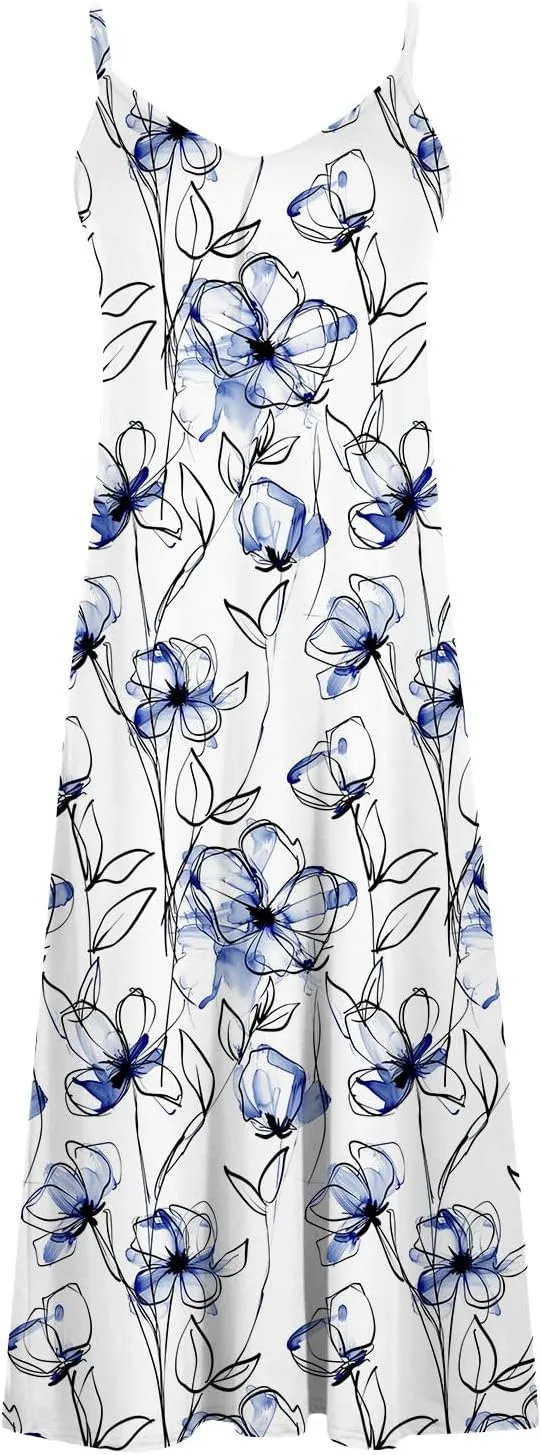 Ceboyel Summer Sundresses for Women 2024 Trendy Casual Floral Sun Dresses Spaghetti Strap Beach Maxi Dress Vacation Outfits