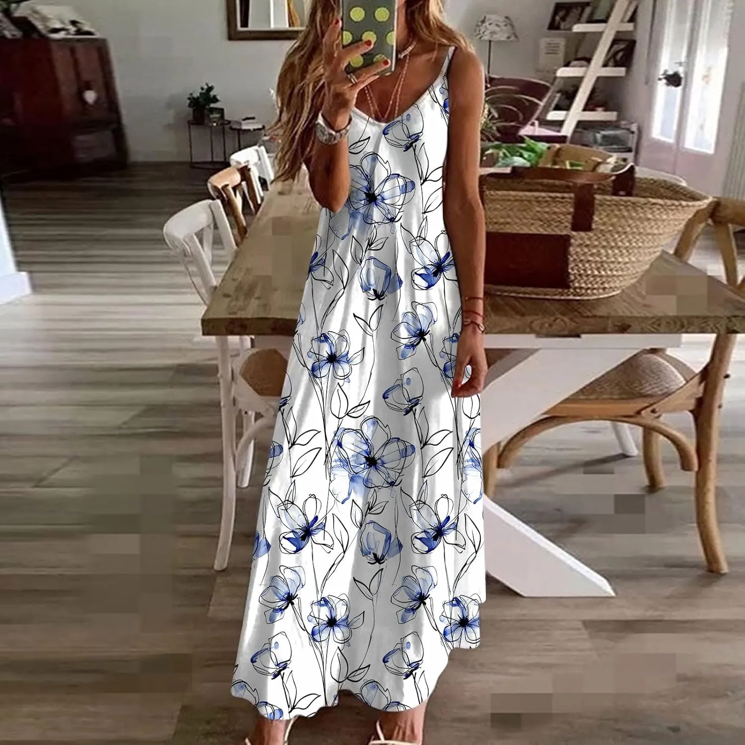 Ceboyel Summer Sundresses for Women 2024 Trendy Casual Floral Sun Dresses Spaghetti Strap Beach Maxi Dress Vacation Outfits