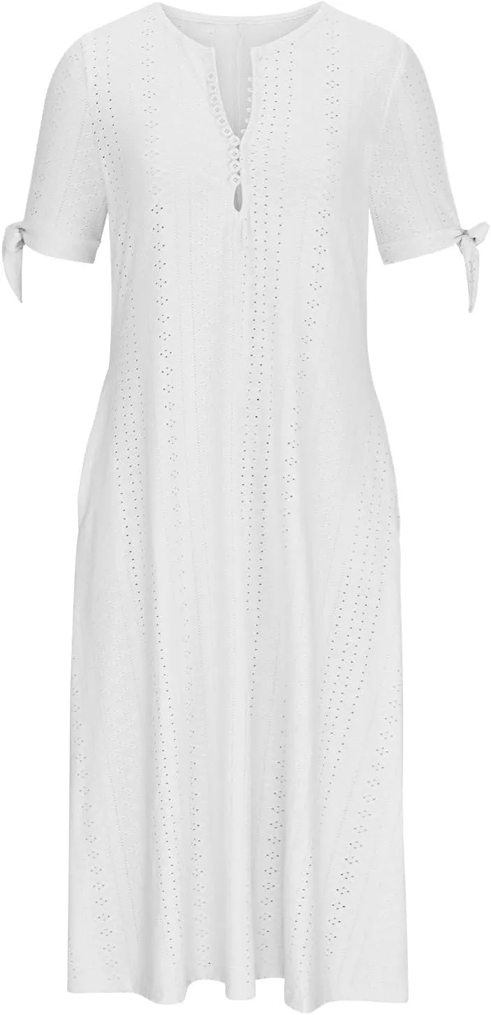 Ceboyel Womens Eyelet Casual Summer Dress Boho Embroidery Maxi Dresses Pleated Long Dress Vacation Trendy Clothing 2024