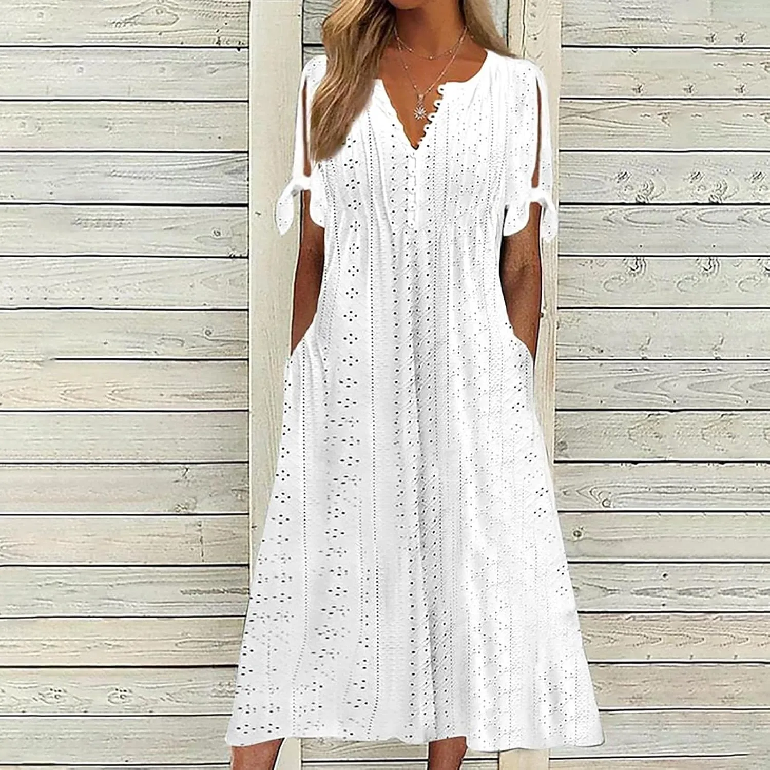 Ceboyel Womens Eyelet Casual Summer Dress Boho Embroidery Maxi Dresses Pleated Long Dress Vacation Trendy Clothing 2024