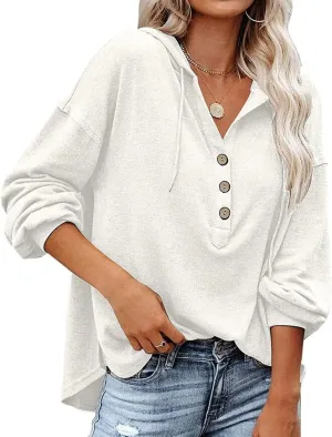 Chaos World Women's Hoodie Loose Fit Lightweight V-neck Sweatshirts Long Sleeve Henley Shirts