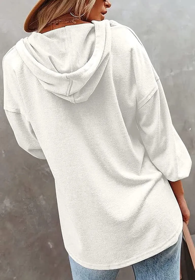 Chaos World Women's Hoodie Loose Fit Lightweight V-neck Sweatshirts Long Sleeve Henley Shirts