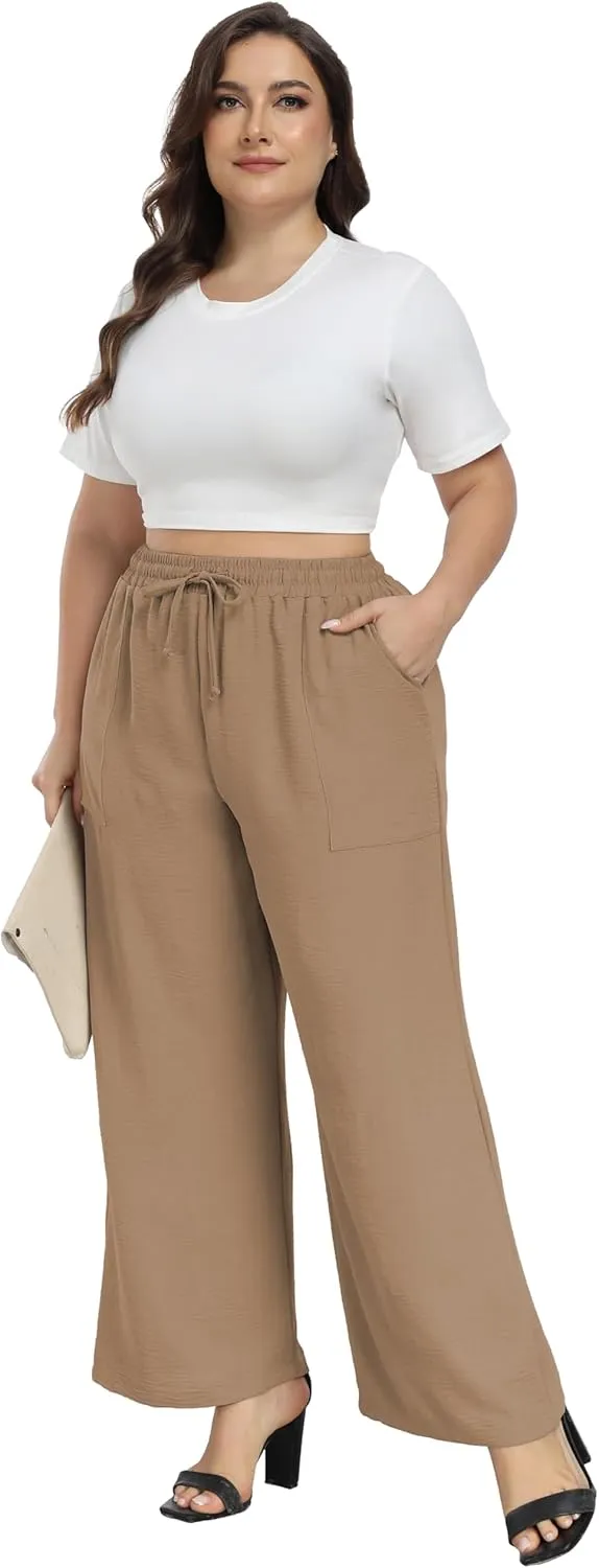 Cheapestbuy Plus Size Summer Wide Leg Pants for Women Loose Palazzo Pants Long Flowy Casual Pants with Pockets