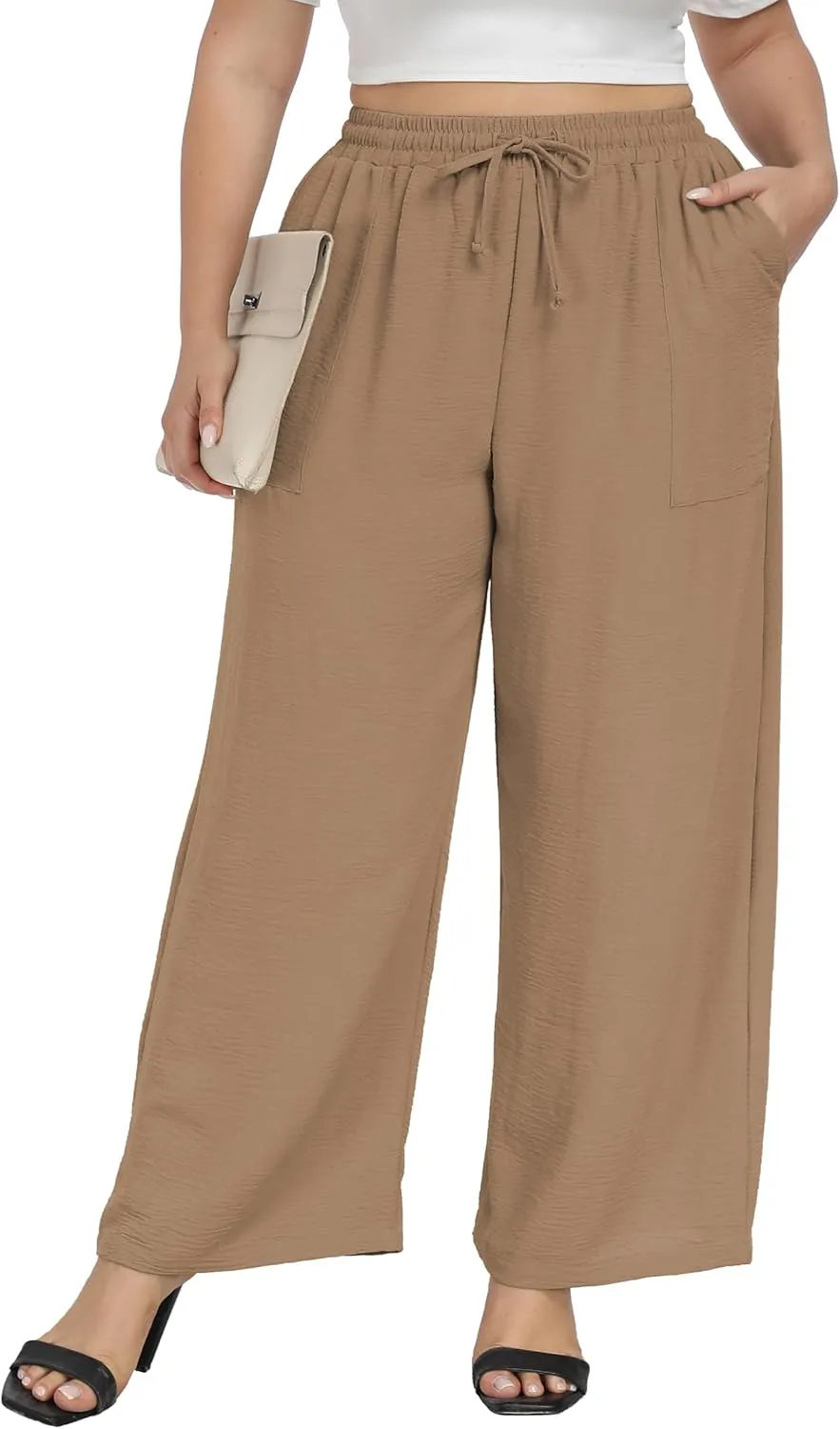 Cheapestbuy Plus Size Summer Wide Leg Pants for Women Loose Palazzo Pants Long Flowy Casual Pants with Pockets