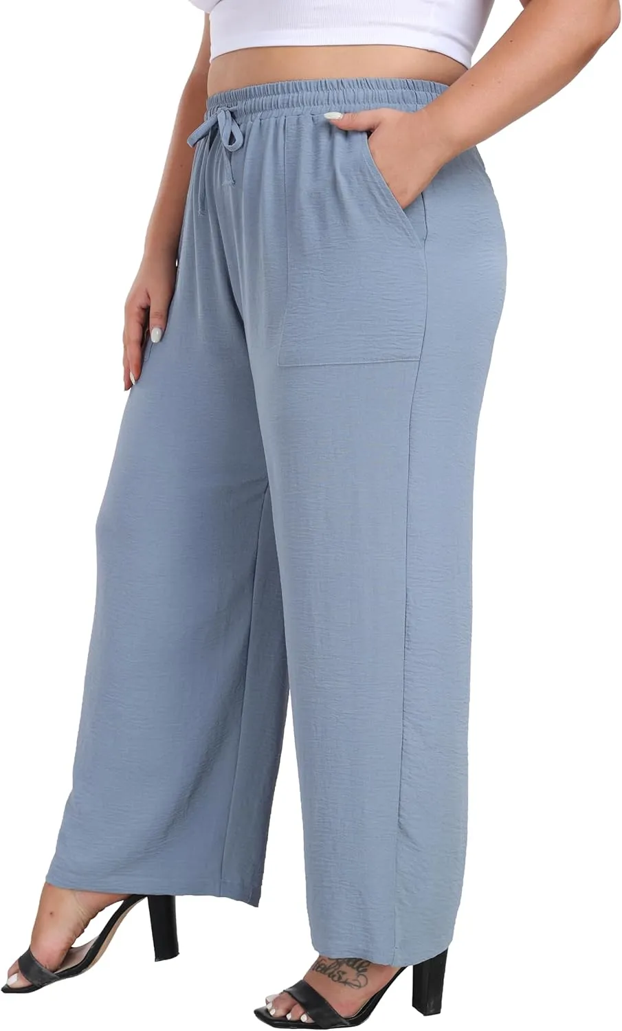 Cheapestbuy Plus Size Summer Wide Leg Pants for Women Loose Palazzo Pants Long Flowy Casual Pants with Pockets